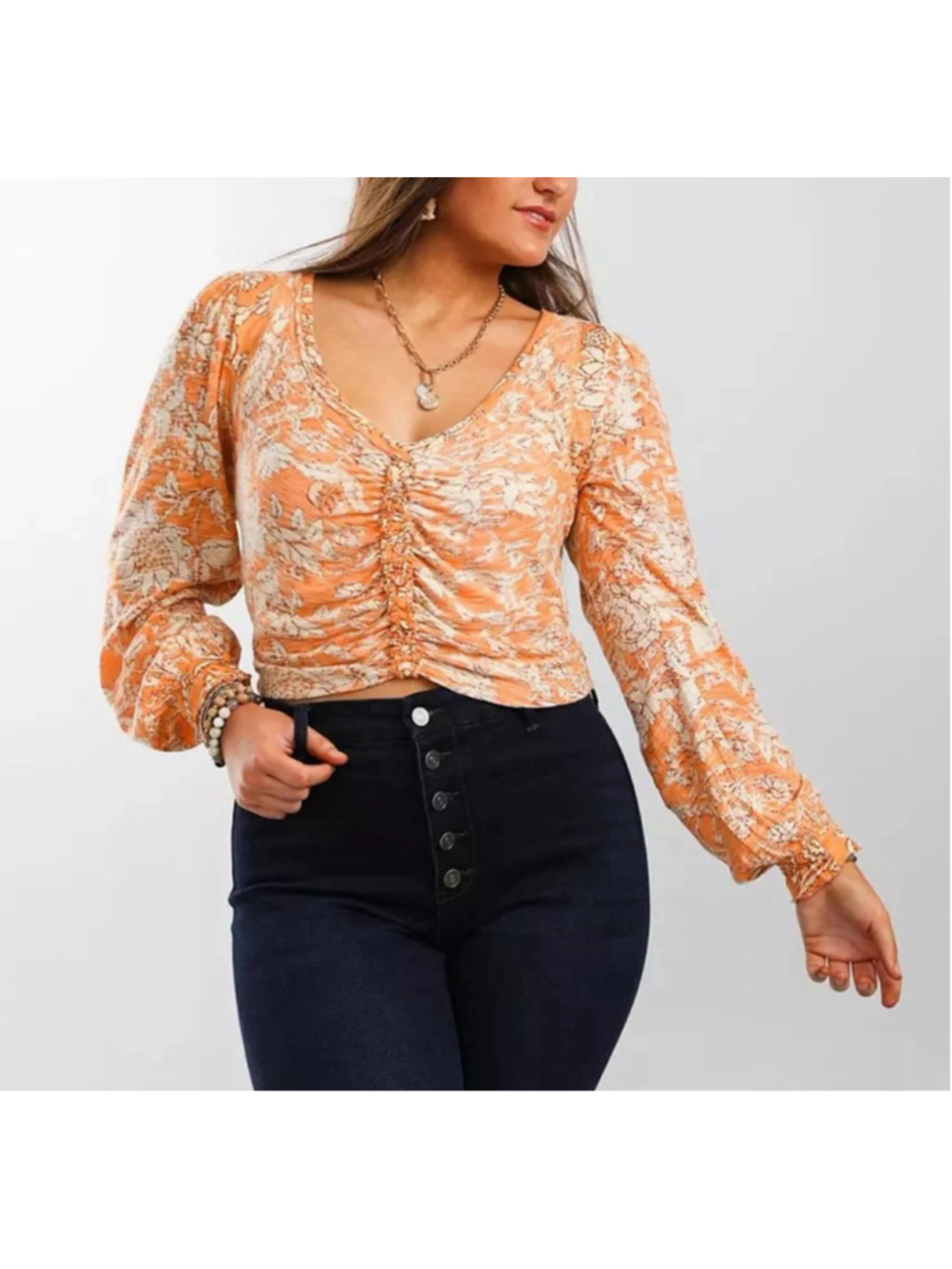 FREE PEOPLE Say The Word ORANGE FLORAL Cinch Ruched BOHO Peasant Top WOMENS XL